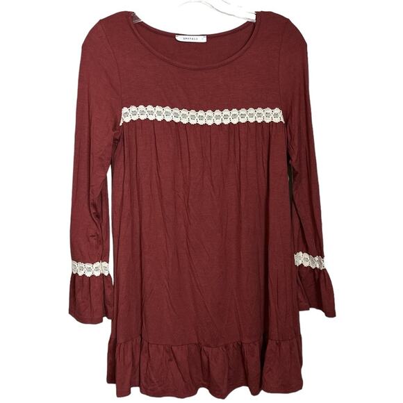 Emerald Tops - New Women's‎ Burgundy Ruffle and Lace Long Sleeve Blouse Top Small